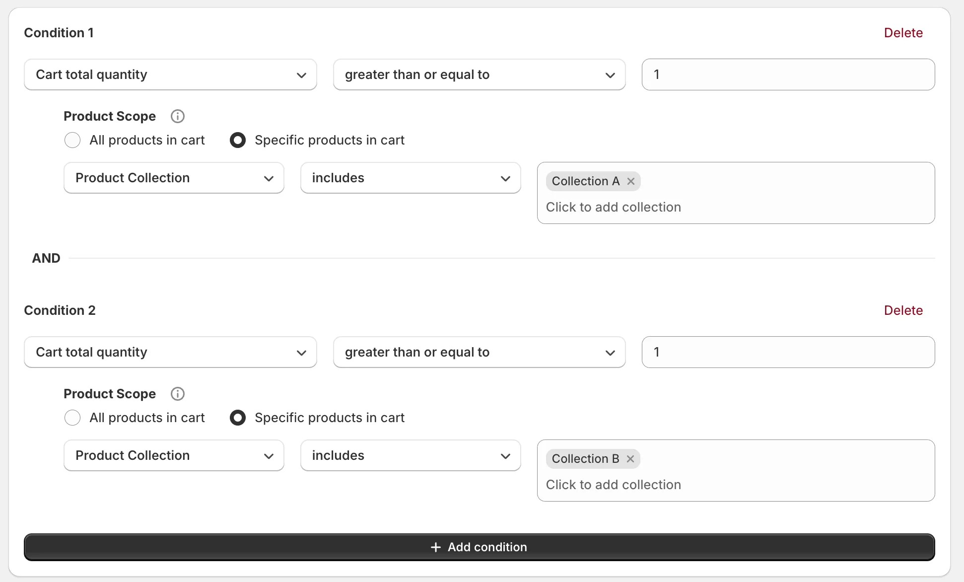 Condition settings screen
