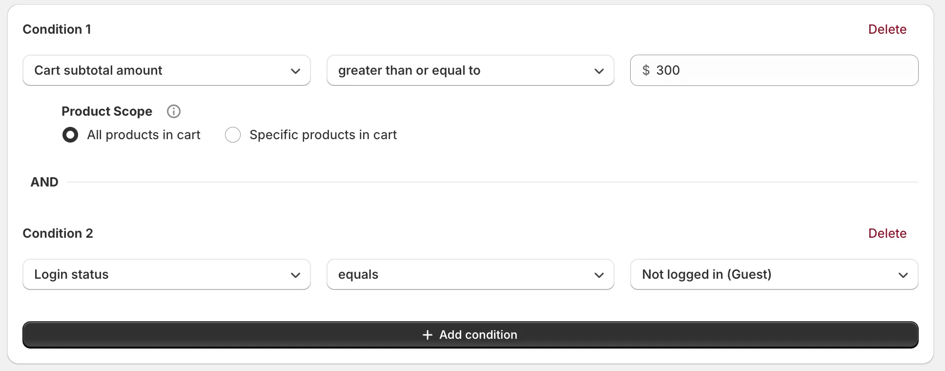 Condition settings screen