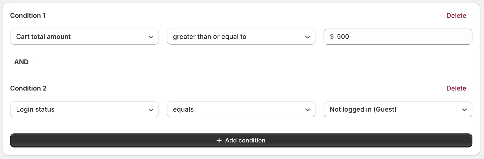 Condition settings screen