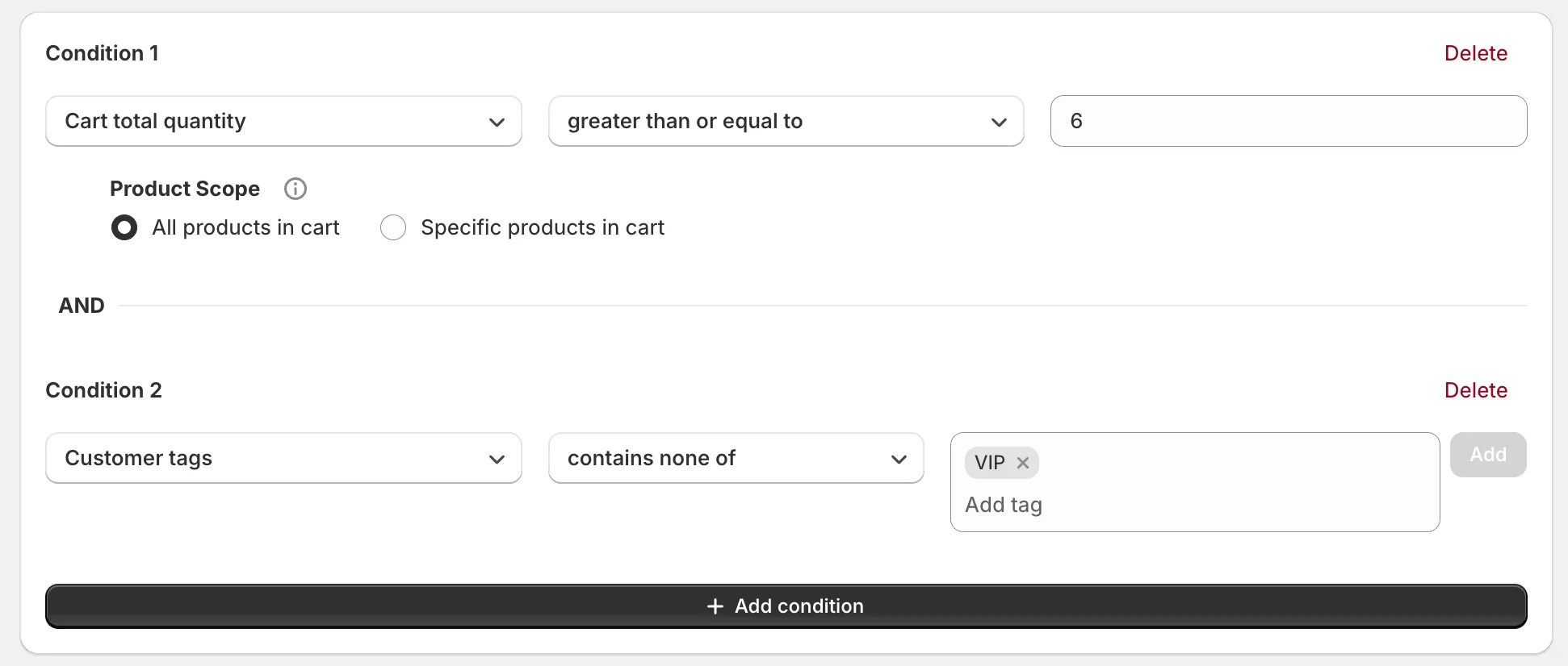 Condition settings screen