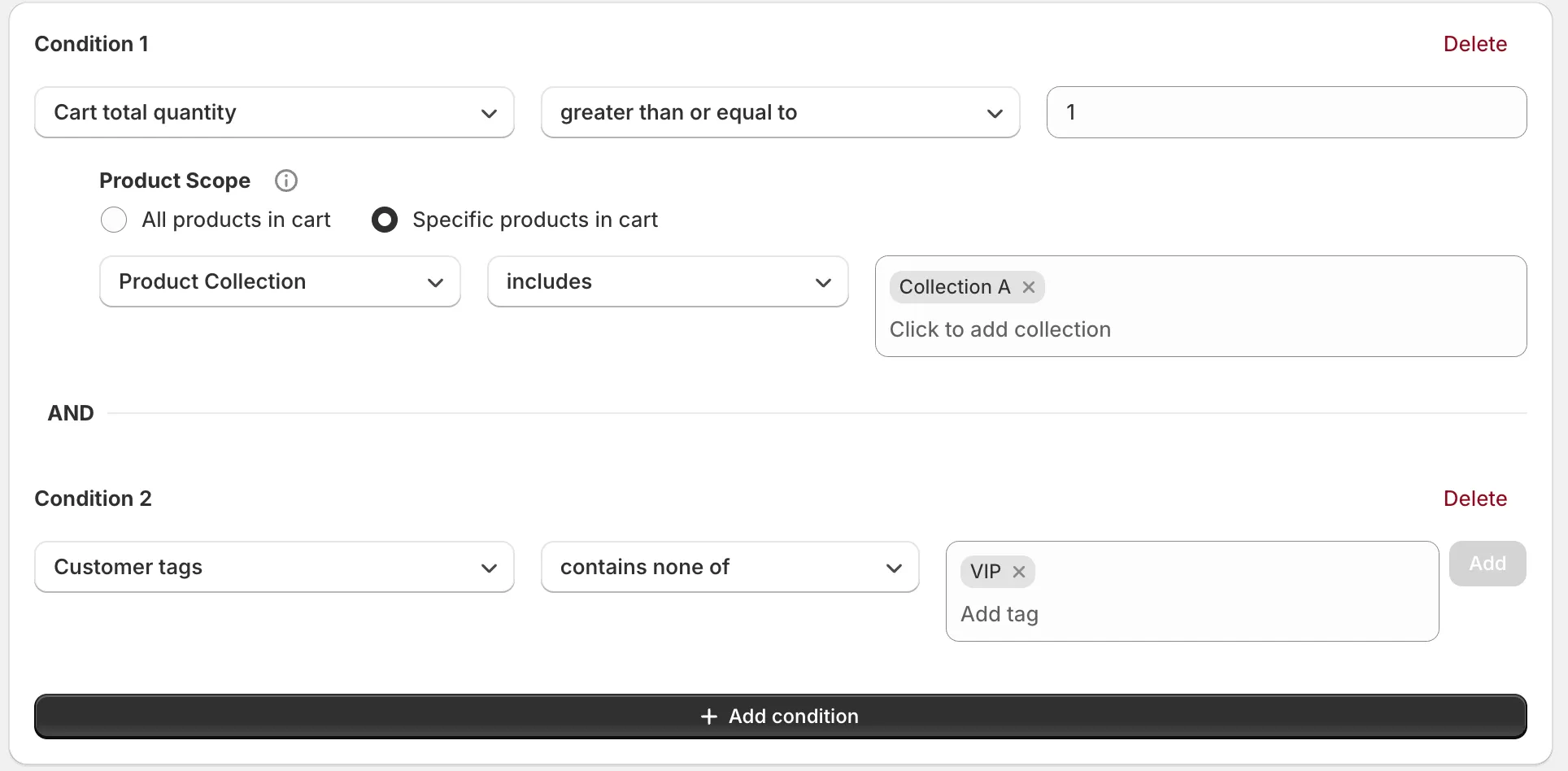 Condition settings screen
